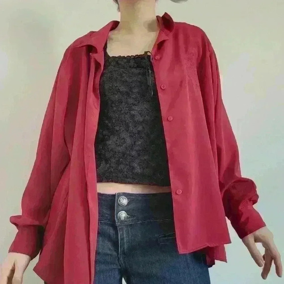 Vintage 90s Liz Moody silky red embroidered puffy long sleeve  button-up shirt - Picture 6 of 14
